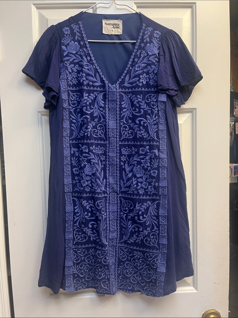 Savanna Jane Dark Blue Purplish Embroidered V-Neck Tunic Dress S NWT